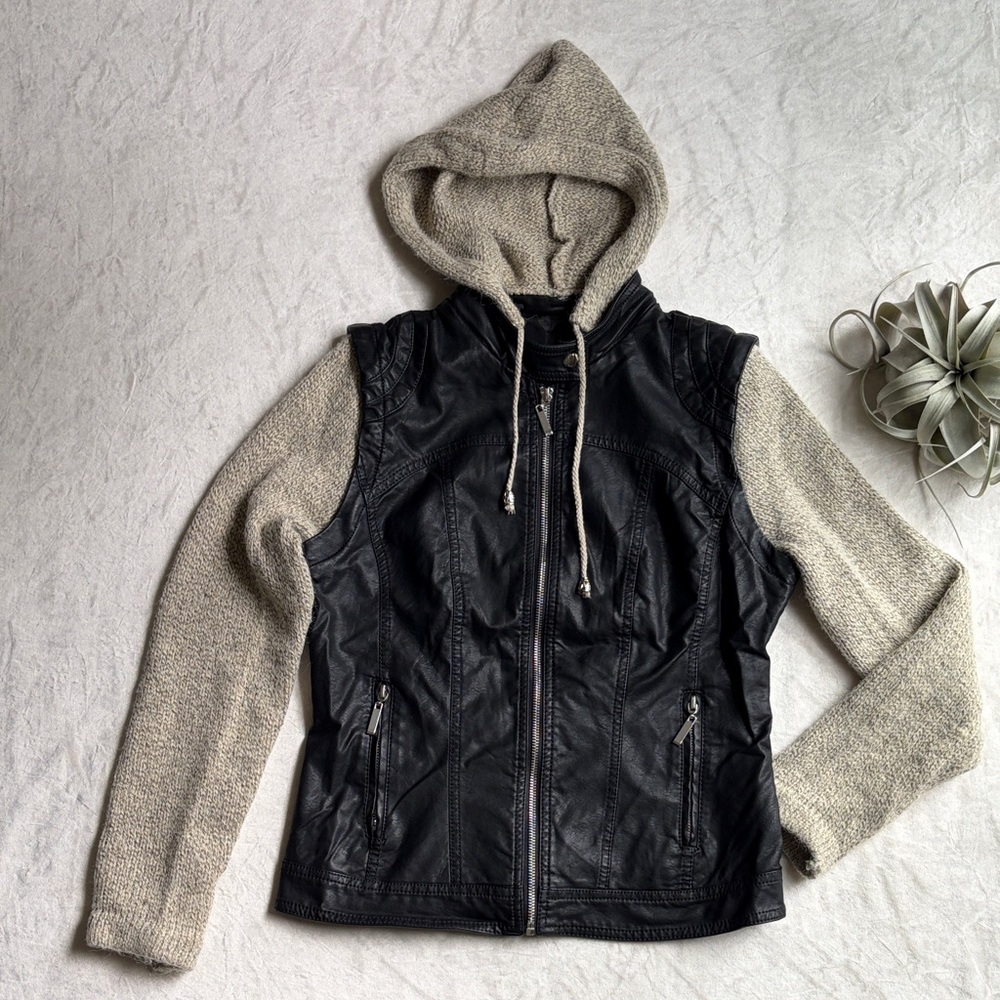 COALITION Women’s Leather and Knit Hooded Zip Up COAT Jacket
